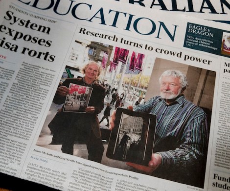 Australian, The (Australia) - Wednesday, May 8, 2013 Author: JULIE HARE: JAMES McArdle wants Melburnians to follow in the footsteps of the great architectural photographer Mark Strizic, literally.  He and colleague Greg Neville have their sights set on developing an app that will allow Strizic fans to stand at the spot he took his timeless images, point their smartphones and create their own modern versions.  Dr McArdle is one of eight Deakin University researchers taking part in a novel approach to funding research: putting their projects on a crowd-funding site in the hope they catch the public's imagination enough to raise sufficient money to get the projects off the ground. 