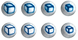 Images of a box captured at four different distances from the camera (top row), compared with a computer simulation of the camera's performance (bottom row).