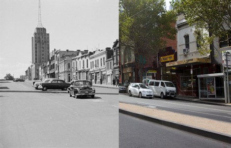 Russell Street looking north toward Police Headquarters  1960s, and at right, 2013